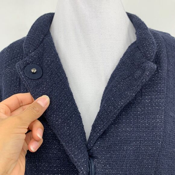 Eileen Fisher Blazer Womens Medium Navy Cotton Linen Blend Tweed Snap Buttons - Picture 3 of 11